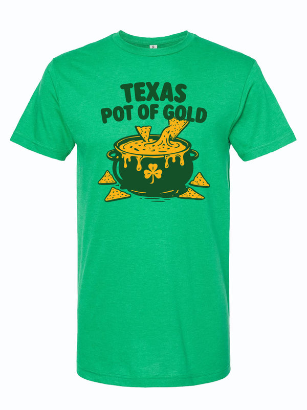 Green tshirt with graphic design of a pot of queso with chips, underneath text reading "Texas Pot of gold" In dark green letters. 