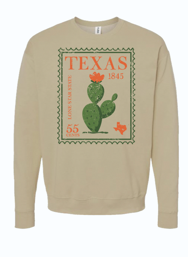 Cactus Stamp Crewneck Sweater featuring a vintage Texas design, perfect as a Texas themed gift. This Texas Made Gifts item is an ideal souvenir from Texas, making it a great dallas souvenir and texan gift.