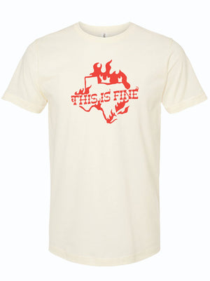 This Is Fine t-shirt featuring a Texas design with flames, perfect for fans of Texas themed gifts. A great Texas made gift or souvenir from Texas, ideal for anyone looking for Dallas souvenirs and unique Texan gifts.