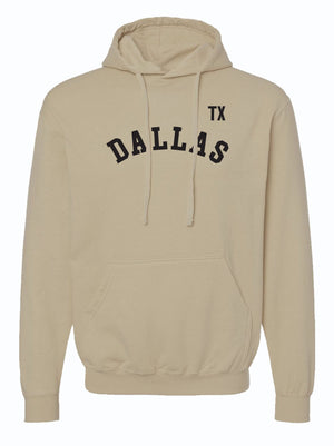 TX Dallas Pullover Hoodie featuring a beige color with 'DALLAS TX' printed on the front. This cozy unisex fleece hooded sweatshirt is a perfect Texas themed gift, ideal for anyone looking for Texas Made Gifts, souvenirs from Texas, or a dallas souvenir, making it a great option for texan gifts.