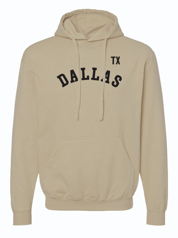 TX Dallas Pullover Hoodie featuring a beige color with 'DALLAS TX' printed on the front. This cozy unisex fleece hooded sweatshirt is a perfect Texas themed gift, ideal for anyone looking for Texas Made Gifts, souvenirs from Texas, or a dallas souvenir, making it a great option for texan gifts.