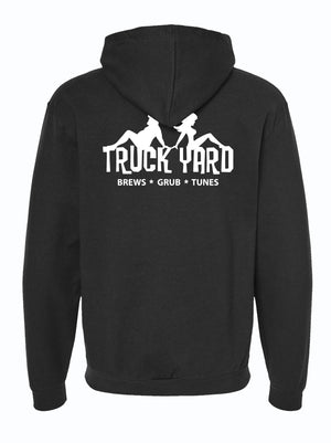 Black hoodie with 'Truck Yard' logo and text on the back against a white background