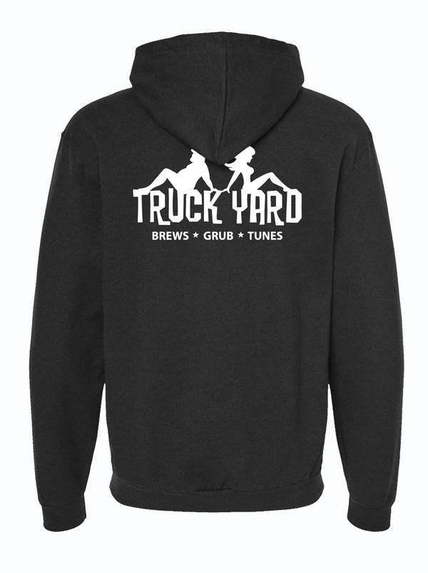 Black hoodie with 'Truck Yard' logo and text on the back against a white background
