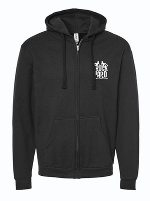Black Truck Yard zip-up hoodie with a white logo on a white background.