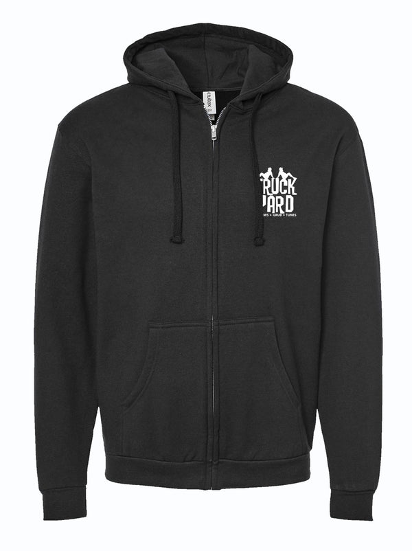Black Truck Yard zip-up hoodie with a white logo on a white background.