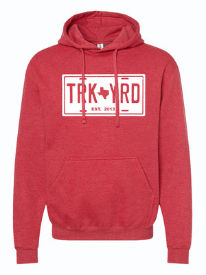 Red hoodie with 'TRK YRD' logo on a white background