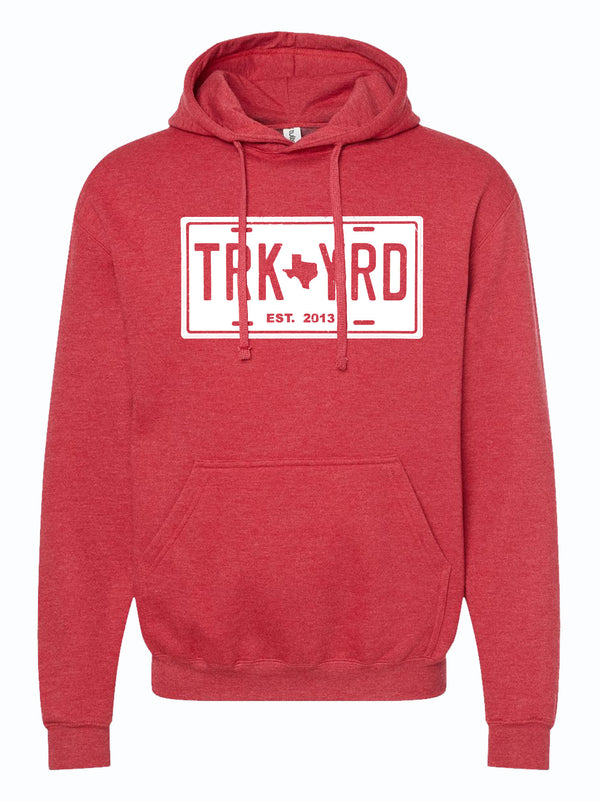 Red hoodie with 'TRK YRD' logo on a white background