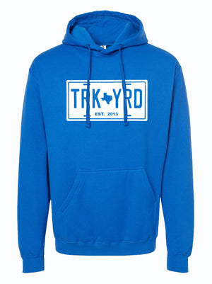 Blue hoodie with 'TRK YRD' logo on a white background