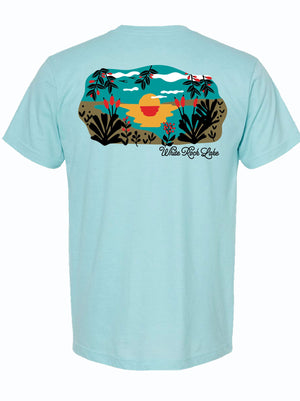 Back view of a White Rock Dallas unisex fine jersey tee in light blue, featuring a vibrant sunset and nature design, an ideal choice for a Texas themed gift, Texas Made Gifts, souvenirs from Texas, Dallas souvenir, and Texan gifts.