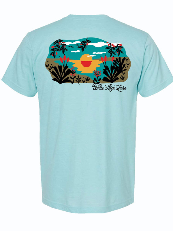 Back view of a light blue tshirt with a graphic design of a lake at sunset and the text "White Rock Lake" underneath. 