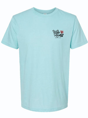 Front view of a White Rock Dallas unisex fine jersey tee in light blue, showcasing a stylish logo, perfect as a Texas themed gift, Texas Made Gifts, souvenirs from Texas, Dallas souvenir, or Texan gifts.