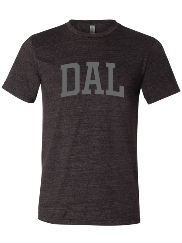 Dark, charcoal gray tshirt with text reading "DAL" in gray ink. 