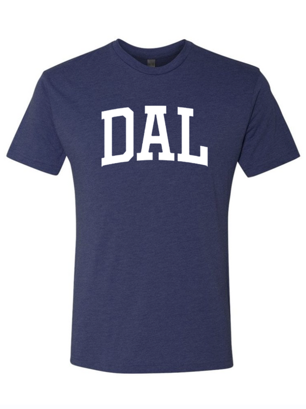 DAL Navy Unisex Tri-Blend T-shirt featuring a bold 'DAL' print, perfect for fans and Texans. A stylish Texas themed gift, this shirt is a great reminder of Dallas and makes for an ideal souvenir from Texas. Great for anyone looking for Texas made gifts or unique Texan gifts.