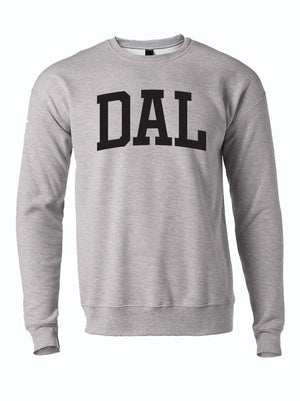 gray crewneck sweater with text "DAL" in Dallas Texas
