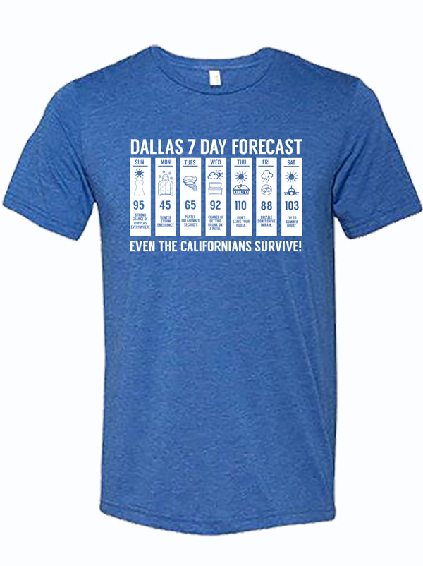 royal tshirt with design of weather forecast of Dallas Texas from Bullzerk