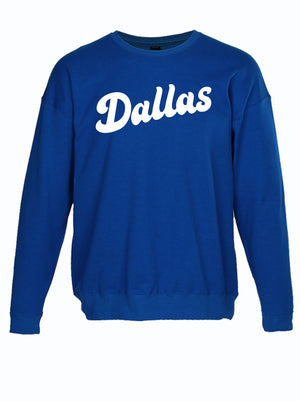 royal blue crewneck sweater with script text "Dallas" from Bullzerk in Plano