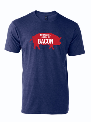 denim colored tshirt with image of a pig and text "My favorite animal is bacon" 