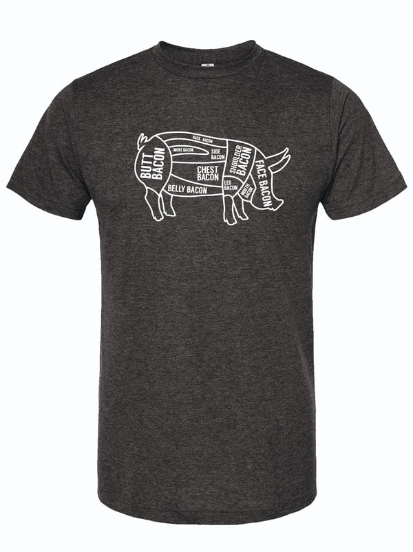Bacon Bits graphic t-shirt featuring a humorous diagram of bacon cuts, perfect as a Texas themed gift. This stylish tee makes for an excellent Texas Made Gift or a fun souvenir from Texas, ideal for anyone looking for a unique Dallas souvenir or Texan gifts.