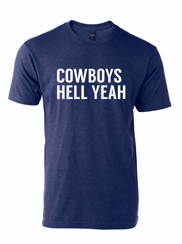 Navy tshirt with text reading "Cowboys Hell Yeah" in white letters. 