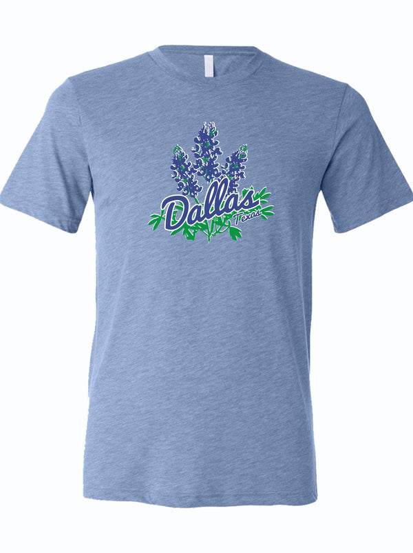 Bluebonnets graphic design on a blue tri-blend tee, perfect for showcasing Texas pride. A stylish and comfortable Texas themed gift, ideal as a Dallas souvenir or a unique Texan gift.