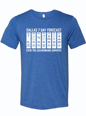 Dallas Forecast t-shirt featuring a humorous 7-day weather report, perfect for a Texas themed gift. This apparel makes for a great Dallas souvenir and is a must-have among Texan gifts, showcasing a blend of fun and regional spirit.