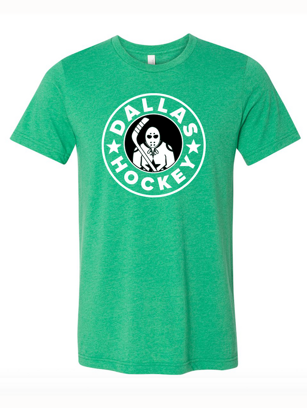 Kelly green tshirt with a graphic image of a hockey player design in a circle of text reading "Dallas Hockey."