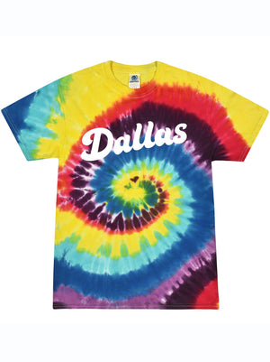 Bright-colored Tie-dye t-shirt with 'Dallas' written in a script white text.