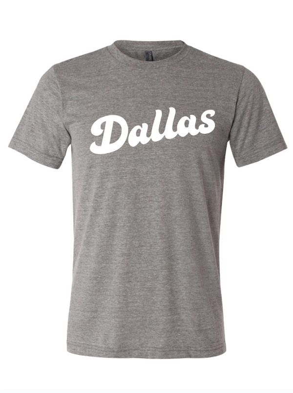 Dallas Script T-shirt in heather gray, perfect for showcasing Texas pride. This stylish tee makes a great Texas themed gift and a unique souvenir from Texas, ideal for anyone looking for Texan gifts or Dallas souvenirs.