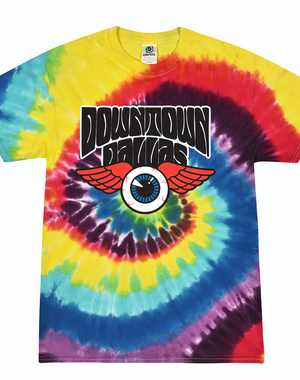 Downtown Dallas Tie Dye t-shirt featuring a vibrant swirl of colors and unique design. This shirt makes a great Texas themed gift, perfect as a Texas Made Gift or a souvenir from Texas, celebrating the spirit of Dallas and making it an ideal option for anyone looking for a Texan gift.
