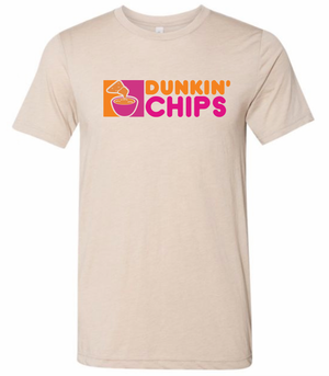 Dunkin Chips t-shirt featuring a colorful logo on a beige background, perfect as a Texas themed gift. Ideal for anyone looking for Texas Made Gifts, this stylish tee makes a great addition to souvenirs from Texas, especially as a unique dallas souvenir or texan gift.