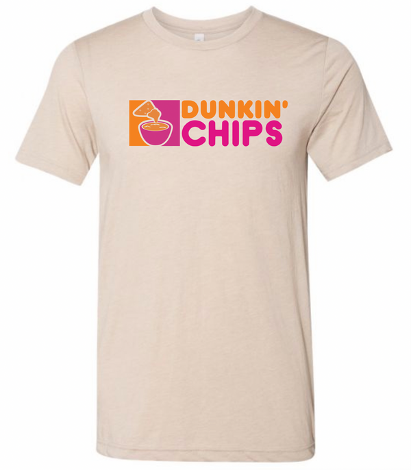 Dunkin Chips t-shirt featuring a colorful logo on a beige background, perfect as a Texas themed gift. Ideal for anyone looking for Texas Made Gifts, this stylish tee makes a great addition to souvenirs from Texas, especially as a unique dallas souvenir or texan gift.