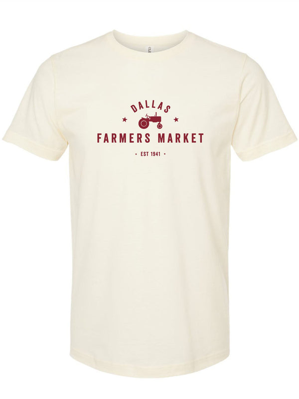Farmers Market T-Shirt featuring a vintage design with 'Dallas Farmers Market' and a tractor graphic, perfect for those seeking a Texas themed gift or Texas Made Gifts, ideal as a souvenir from Texas, especially for fans of Dallas souvenirs and Texan gifts.
