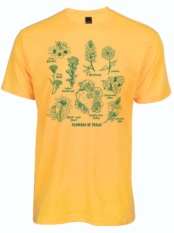 A vibrant yellow T-shirt featuring the design 'Flowers Of Texas' with illustrations of various Texan flowers. This shirt makes a great Texas themed gift and reflects the essence of Texas Made Gifts, perfect as souvenirs from Texas or a thoughtful Dallas souvenir for anyone who loves Texan gifts.