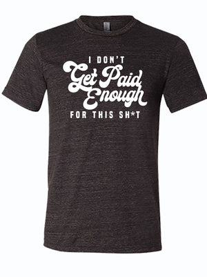 Dark, charcoal gray shirt that reads 