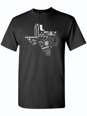Black and white Icons Texas Silhouette design on a unisex fine jersey tee shirt, showcasing Texas-themed elements. A perfect Texas themed gift, ideal for anyone looking for Texas Made Gifts, souvenirs from Texas, or a dallas souvenir. This tee makes a great addition to any collection of texan gifts.