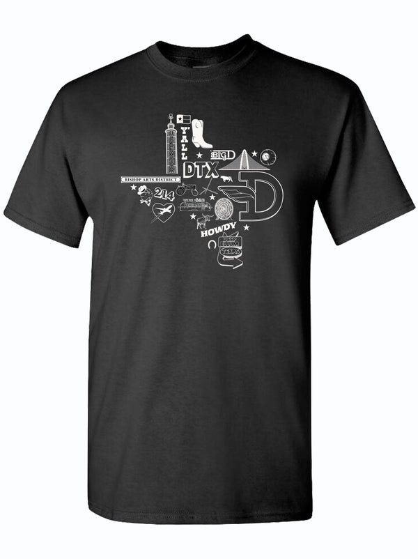 Black and white Icons Texas Silhouette design on a unisex fine jersey tee shirt, showcasing Texas-themed elements. A perfect Texas themed gift, ideal for anyone looking for Texas Made Gifts, souvenirs from Texas, or a dallas souvenir. This tee makes a great addition to any collection of texan gifts.