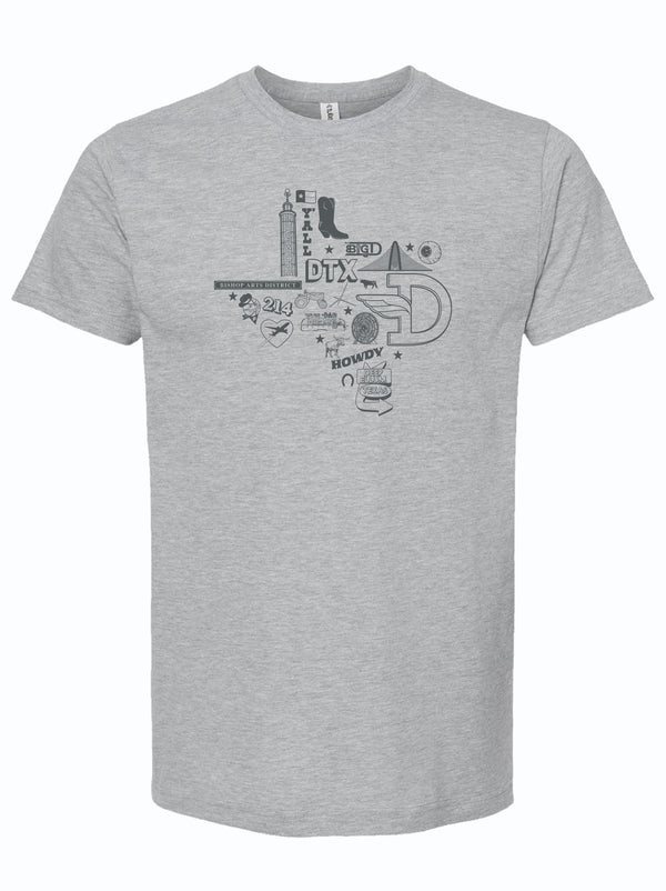 A light gray shirt with a graphic depicting various icons that represent dallas arranged to form the silhouette of texas in dark gray ink.