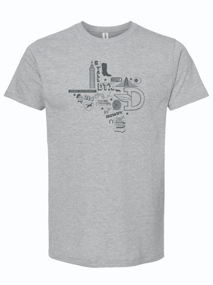 Icons of Dallas t-shirt featuring a creative graphic design of Texas landmarks and symbols, perfect for anyone looking for a Texas themed gift, Texas Made Gifts, or souvenirs from Texas. This stylish Dallas souvenir is an ideal choice for those in search of unique Texan gifts.