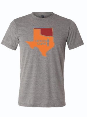 Texas themed t-shirt featuring the phrase 'I'm With Stupid' with a graphic outline of Texas. This fun apparel makes a great Texas themed gift, perfect as a souvenir from Texas or a Texan gift for friends and family, showcasing Texas pride.