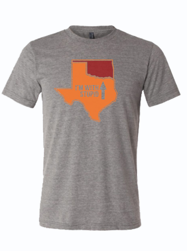 Texas themed t-shirt featuring the phrase 'I'm With Stupid' with a graphic outline of Texas. This fun apparel makes a great Texas themed gift, perfect as a souvenir from Texas or a Texan gift for friends and family, showcasing Texas pride.