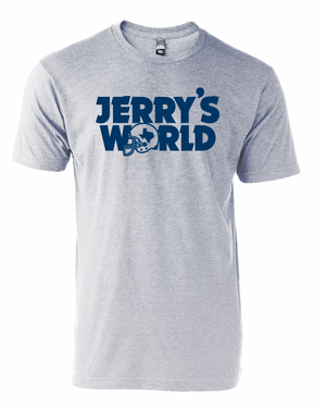 Light gray unisex fine jersey tee featuring bold text 'JERRY'S WORLD', perfect for fans looking for a Texas themed gift. Ideal as Texas Made Gifts or as souvenirs from Texas, this stylish shirt makes a great Dallas souvenir and is an excellent choice for those in search of unique Texan gifts.