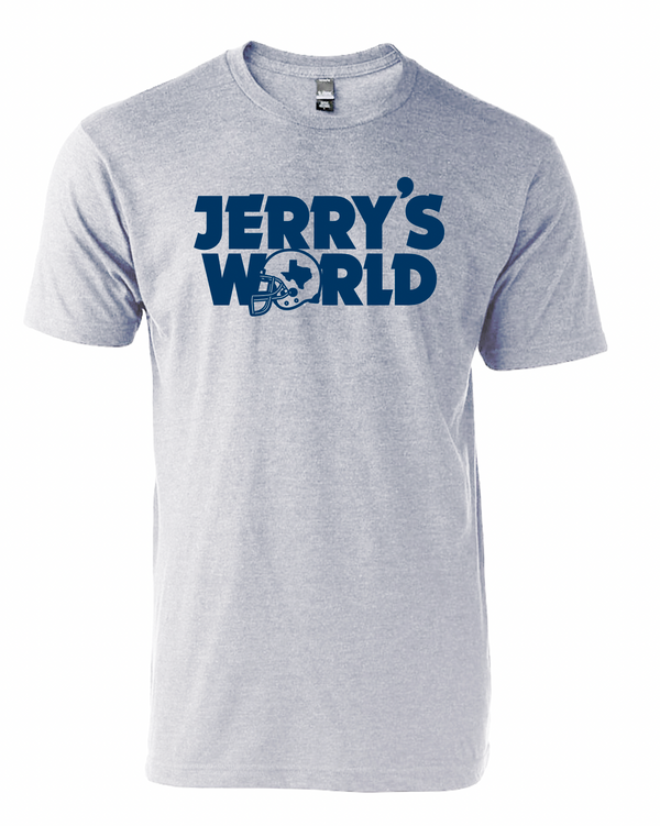 Light gray unisex fine jersey tee featuring bold text 'JERRY'S WORLD', perfect for fans looking for a Texas themed gift. Ideal as Texas Made Gifts or as souvenirs from Texas, this stylish shirt makes a great Dallas souvenir and is an excellent choice for those in search of unique Texan gifts.