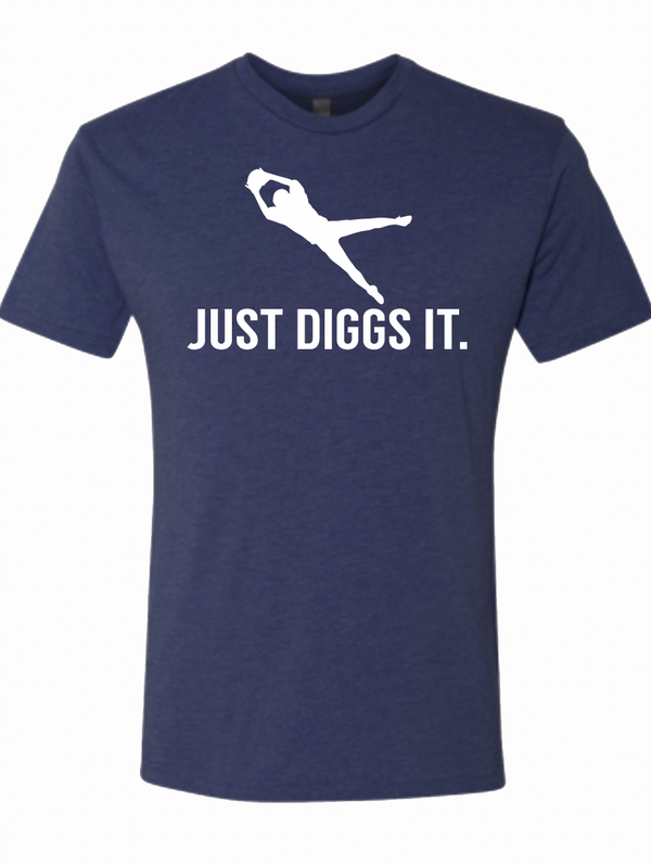 A navy blue unisex fine jersey tee featuring the phrase 'Just Diggs It.' Perfect for showing Texas pride, this shirt makes an excellent Texas themed gift and a great option among Texas made gifts and souvenirs from Texas. Ideal for those looking for a unique Dallas souvenir or Texan gifts.