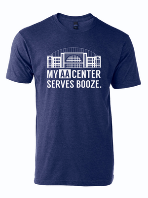 My AA Center Serves Booze T-shirt in navy blue, featuring a fun graphic design. Perfect for those looking for a Texas themed gift, this stylish shirt is a great addition to Texas Made Gifts and souvenirs from Texas. Ideal as a Dallas souvenir or for anyone seeking texan gifts.