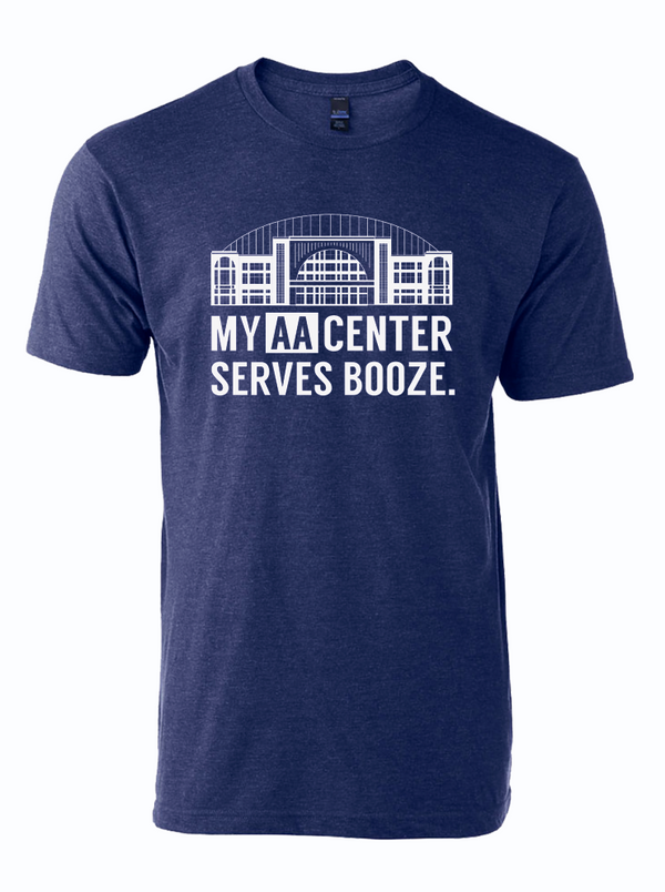 My AA Center Serves Booze T-shirt in navy blue, featuring a fun graphic design. Perfect for those looking for a Texas themed gift, this stylish shirt is a great addition to Texas Made Gifts and souvenirs from Texas. Ideal as a Dallas souvenir or for anyone seeking texan gifts.