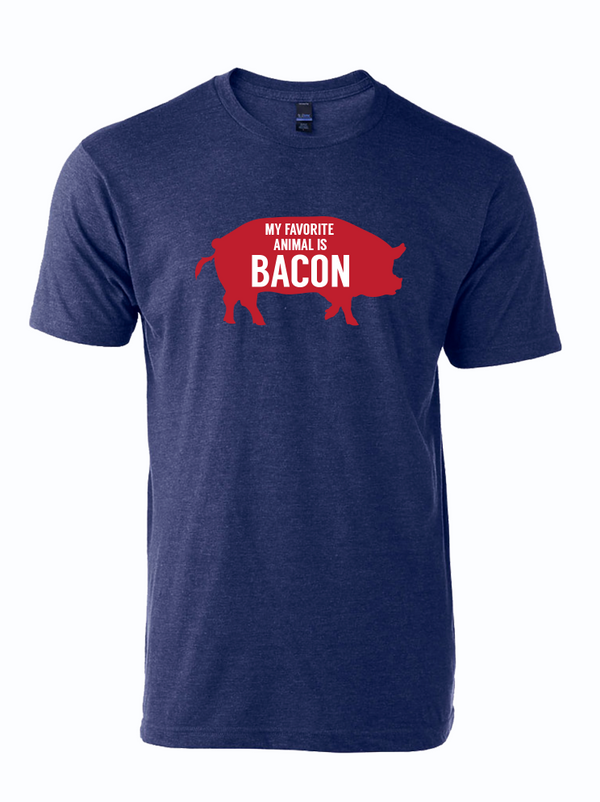 Denim tshirt with a graphic design of a red pig with text inside of it that reads "my favorite animal is bacon" in white letters. 