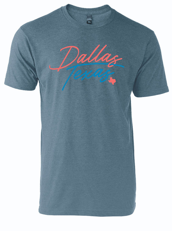 Neon Dallas t-shirt featuring a stylish script design in blue and pink, perfect for showing off your Texan pride. Ideal as a Texas themed gift, this Dallas souvenir makes a great addition to any Texans' wardrobe. A wonderful choice among Texas Made Gifts and souvenirs from Texas.