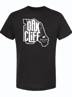 Stylish Oak Cliff Map design featured on a black T-shirt, perfect for anyone wanting to showcase their love for Dallas. This shirt makes a great Texas themed gift, highlighting Oak Cliff, making it an ideal souvenir from Texas and a wonderful addition to any Texan gifts collection.