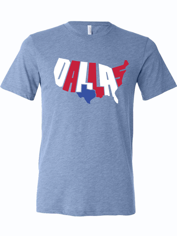 Patriotic Dallas t-shirt featuring a Texas outline and bold text, perfect for showcasing Texas pride. An ideal Texas themed gift, this tee is great as a Dallas souvenir or a unique addition to any collection of Texan gifts.