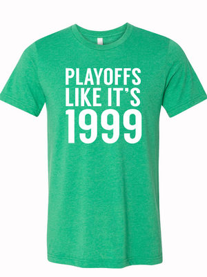 Playoffs Like It's 1999 t-shirt in vibrant green, perfect for showing Texas pride. An ideal Texas themed gift, this stylish tee makes for a great Texas made gift or souvenir from Texas, especially for Dallas fans and those looking for unique Texan gifts.
